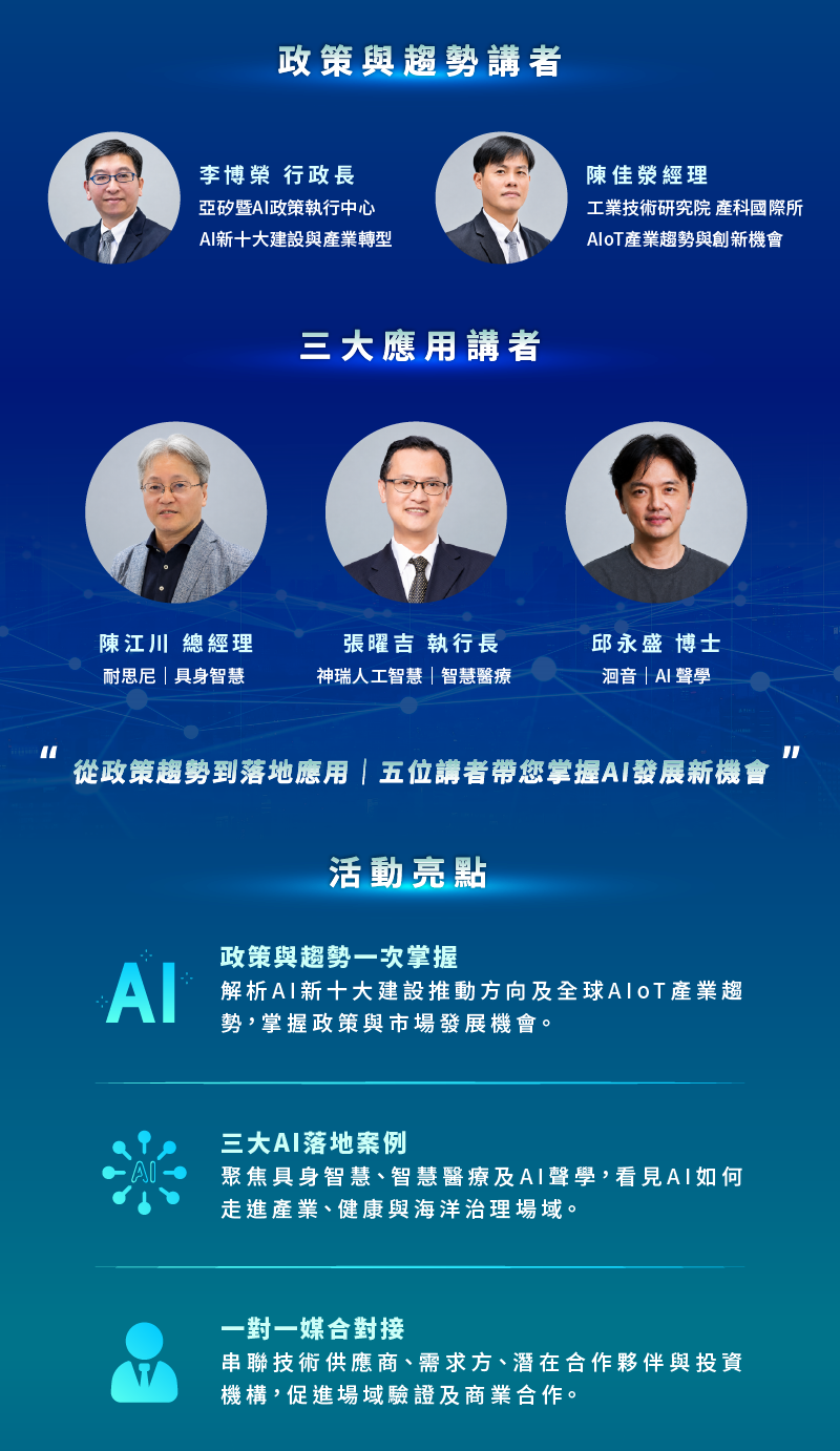 政策與趨勢講者      李博榮 行政長｜亞矽暨AI政策執行中心｜AI新十大建設與產業轉型      陳佳榮 經理｜工業技術研究院 產科國際所｜AIoT產業趨勢與創新機會  三大應用講者      陳江川 總經理｜耐思尼｜具身智慧      張曜吉 執行長｜神瑞人工智慧｜智慧醫療      邱永盛 博士｜洄音｜AI 聲學      “從政策趨勢到落地應用｜五位講者帶您掌握AI發展新機會”  活動亮點      政策與趨勢一次掌握：解析AI新十大建設推動方向及全球AIoT產業趨勢，掌握政策與市場發展機會。      三大AI落地案例：聚焦具身智慧、智慧醫療及AI聲學，看見AI如何走進產業、健康與海洋治理場域。      一對一媒合對接：串聯技術供應商、需求方、潛在合作伙伴與投資機構，促進場域驗證及商業合作。